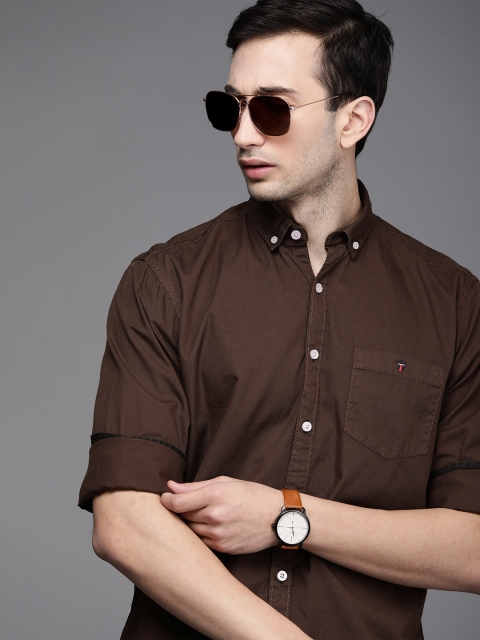 Louis Philippe Jeans Men Brown Solid Slim Fit Pure Cotton Casual Shirt