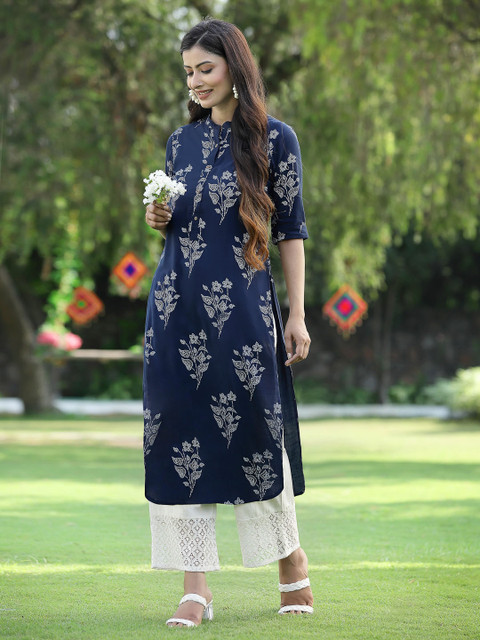 Juniper Women Navy Blue White Bandhani Printed Liva Pathani Kurta - Image 4