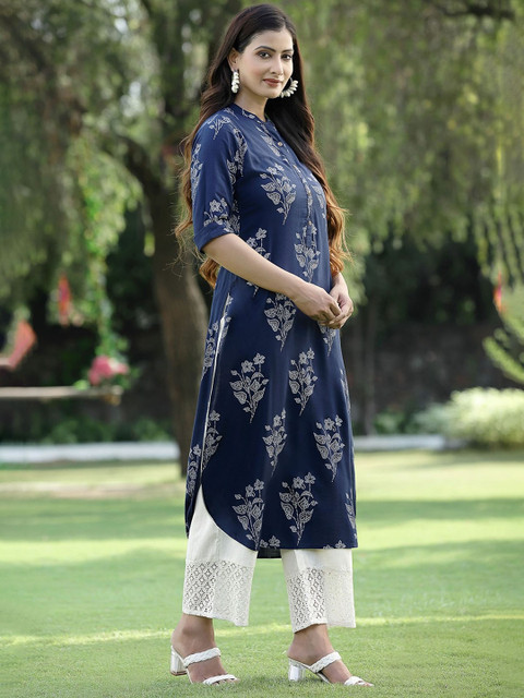 Juniper Women Navy Blue White Bandhani Printed Liva Pathani Kurta - Image 3