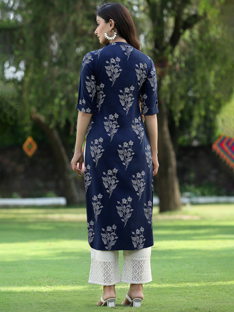 Juniper Women Navy Blue White Bandhani Printed Liva Pathani Kurta - Image 5