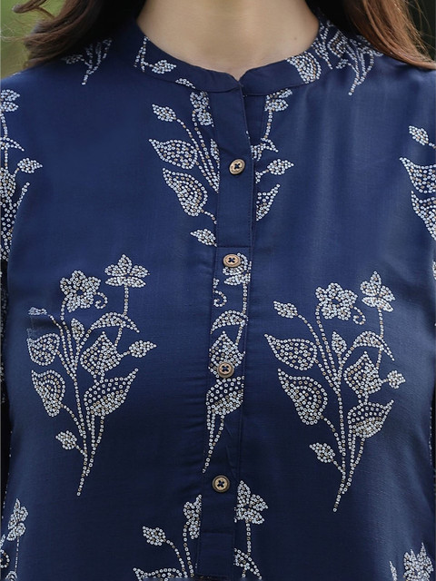 Juniper Women Navy Blue White Bandhani Printed Liva Pathani Kurta - Image 2