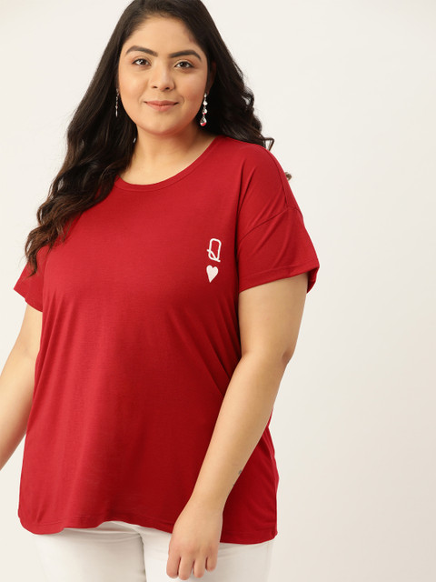 Sztori Women Plus Size Maroon Drop-Shoulder Sleeves T-shirt