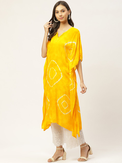 Maaesa Women Yellow & White Hand Dyed Asymmetric Kaftan Kurta - Image 3