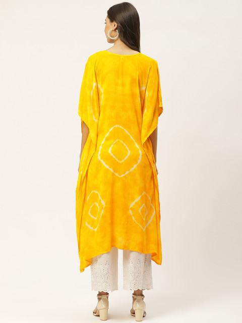 Maaesa Women Yellow & White Hand Dyed Asymmetric Kaftan Kurta - Image 4