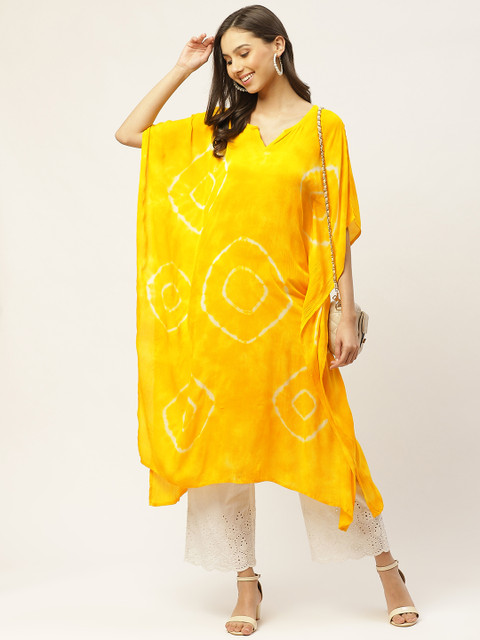 Maaesa Women Yellow & White Hand Dyed Asymmetric Kaftan Kurta - Image 5