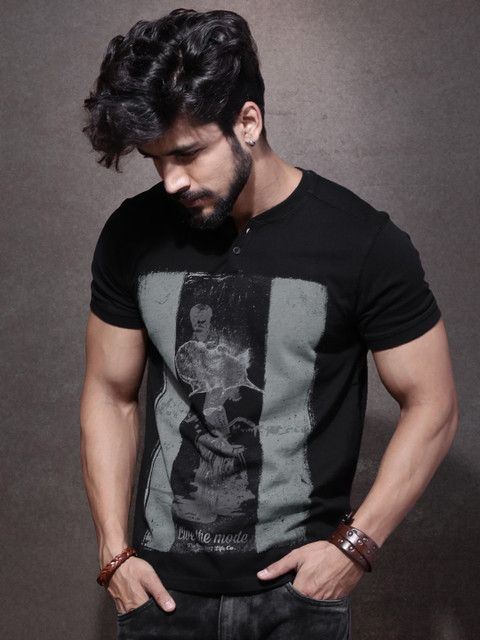 Roadster Men Black Printed Henley T-shirt