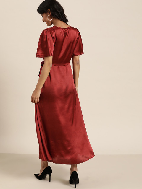 Qurvii Women Maroon Satin Finish Solid Maxi Wrap Dress - Image 4