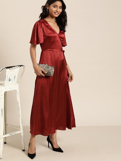Qurvii Women Maroon Satin Finish Solid Maxi Wrap Dress - Image 5