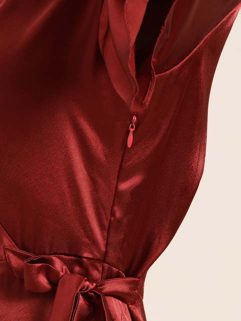 Qurvii Women Maroon Satin Finish Solid Maxi Wrap Dress - Image 6