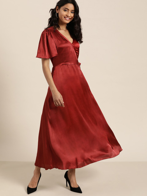 Qurvii Women Maroon Satin Finish Solid Maxi Wrap Dress