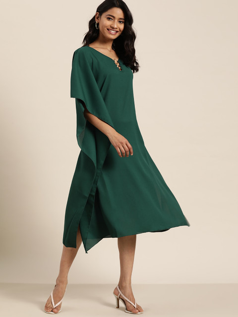 Qurvii Women Green Solid Asymmetric Kaftan Dress