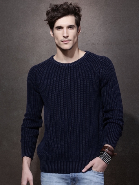 Men Navy Blue Self-design Sweater Image