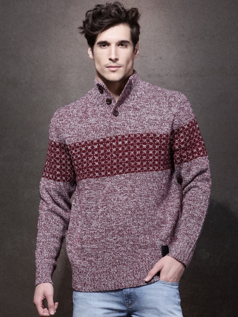 Men Burgundy Self-Design Sweater Image