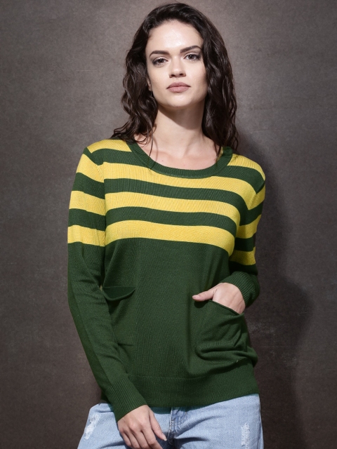 Women Olive Green & Yellow Striped Sweater