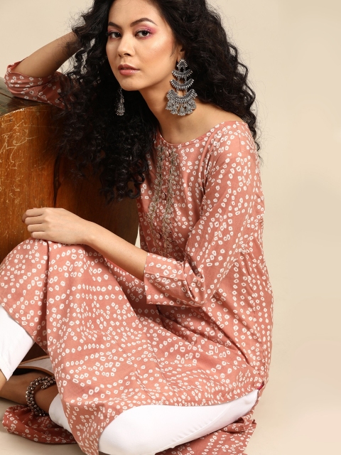 Varanga Women Mauve & White Bandhani Printed Pure Cotton Kurta