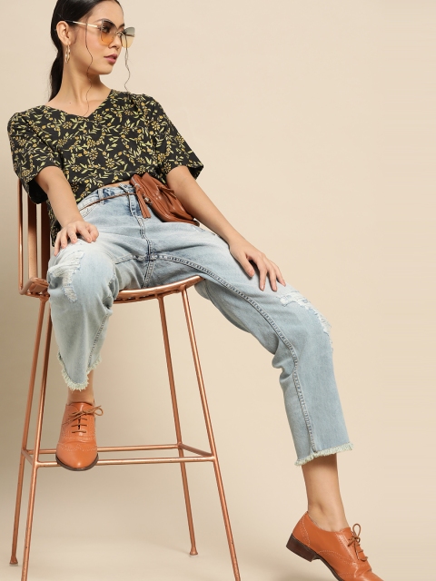 Varanga Black & Yellow Floral Printed Regular Crop Top - Image 2