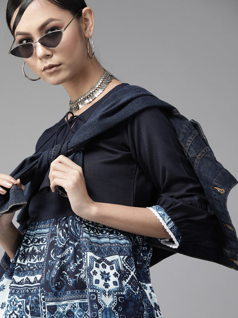 Indo Era Blue & White Ethnic Motifs Printed Tie-up Neck Puff Sleeves A-line Top