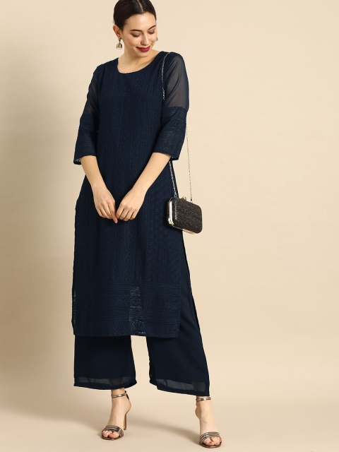 Anouk Women Navy Blue Embroidered Kurta with Palazzos