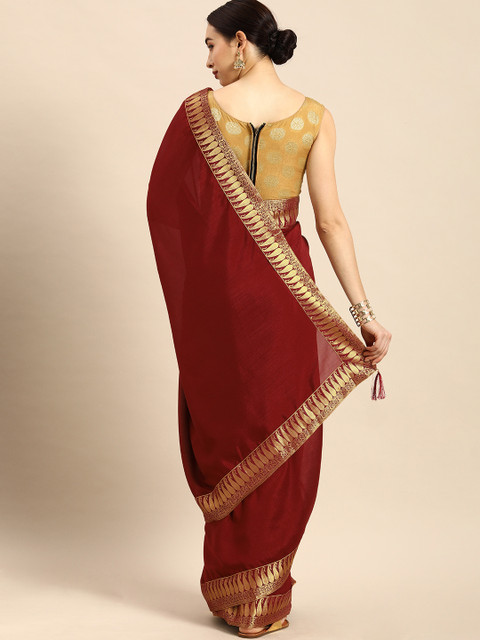 Anouk Maroon Cotton Blend Solid Banarasi Saree - Image 3