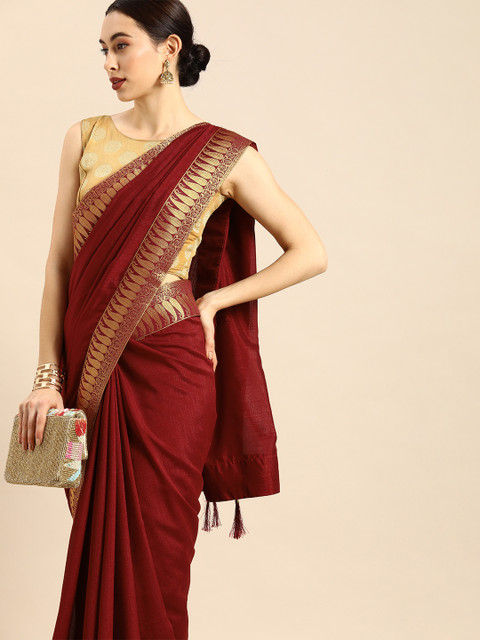 Anouk Maroon Cotton Blend Solid Banarasi Saree