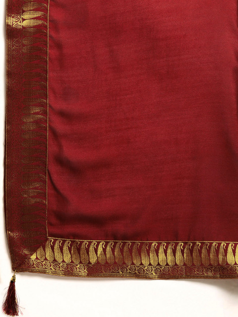 Anouk Maroon Cotton Blend Solid Banarasi Saree - Image 5