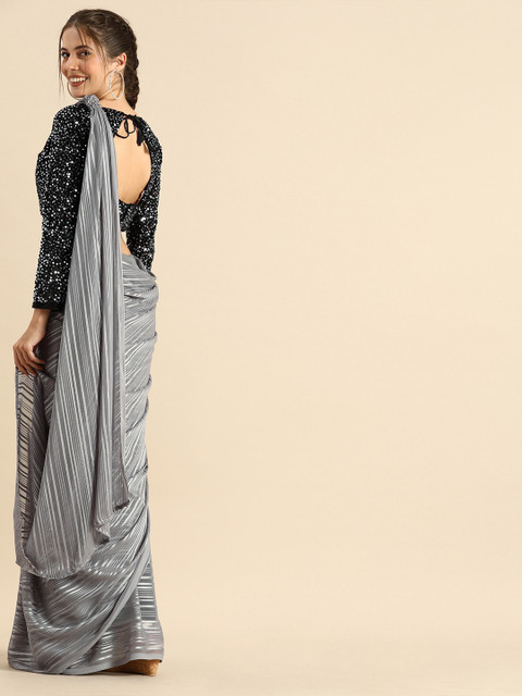 Sangria Grey & Silver-Toned Silk Blend Striped Saree - Image 3