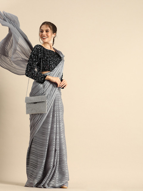 Sangria Grey & Silver-Toned Silk Blend Striped Saree - Image 2