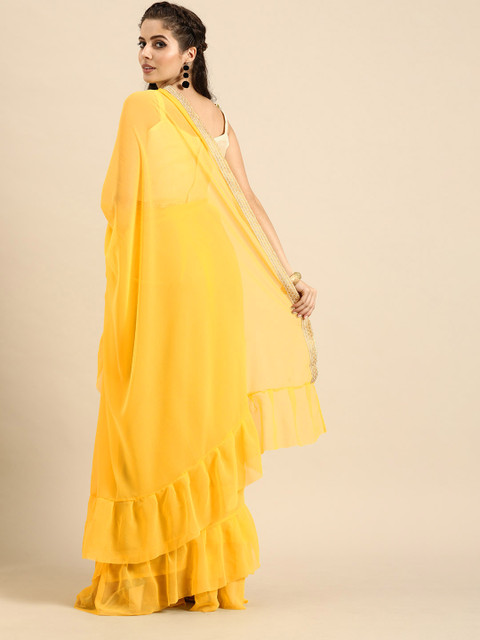 Sangria Yellow Solid Pure Georgette Ruffled Saree - Image 2