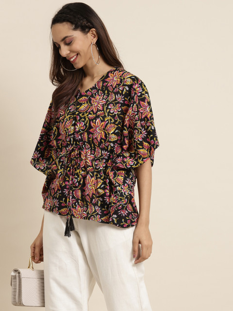 Shae by SASSAFRAS Black & Pink Printed Pure Cotton Kaftan Top