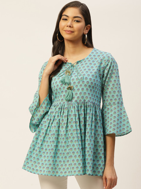 FABRIC FITOOR Blue & Purple Printed Tie-Up Neck Bell Sleeves Pure Cotton A-Line Top