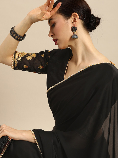 Anouk Black Solid Satin Pearl Border Saree