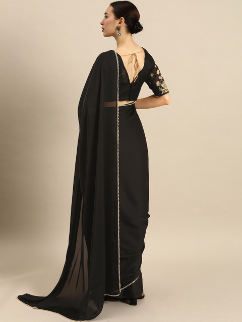 Anouk Black Solid Satin Pearl Border Saree - Image 3