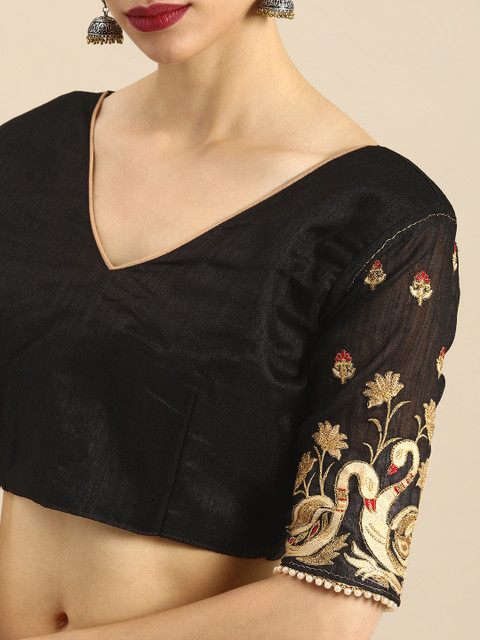 Anouk Black Solid Satin Pearl Border Saree - Image 6