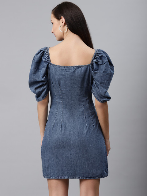 plusS Women Blue Solid Denim Sheath Dress - Image 4