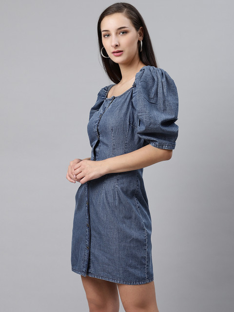plusS Women Blue Solid Denim Sheath Dress - Image 3