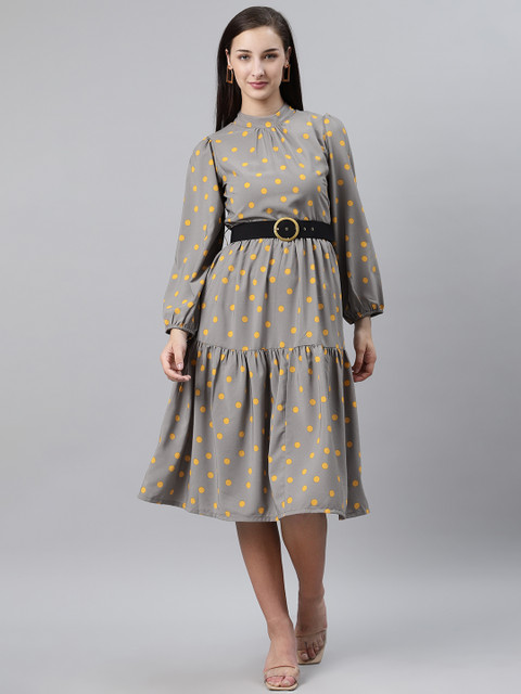 plusS Women Grey & Yellow Polka Dot Print A-Line Dress