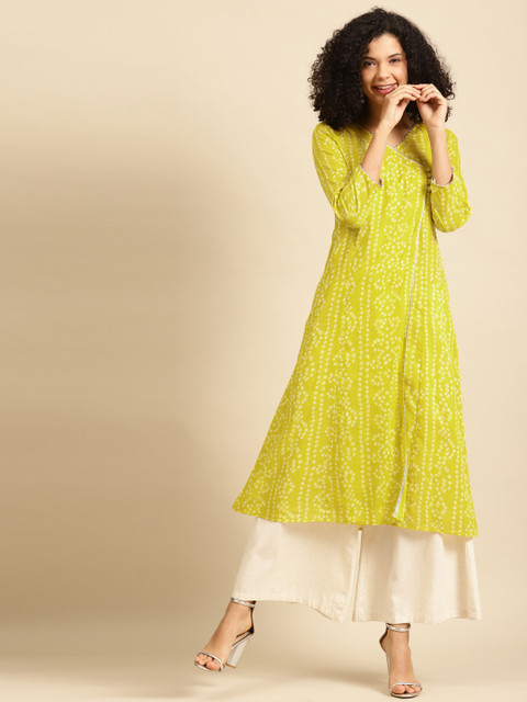 anayna Women Lime Green & Off White Bandhani Screen Print Cotton Angrakha Kurta