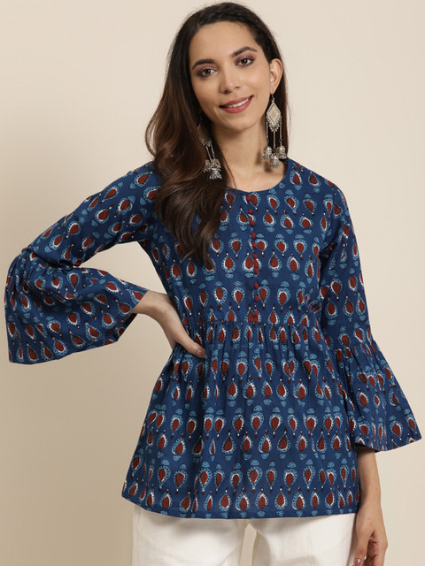 YASH GALLERY Navy Blue & Maroon Printed Bell Sleeves Pure Cotton A-Line Fusion Top