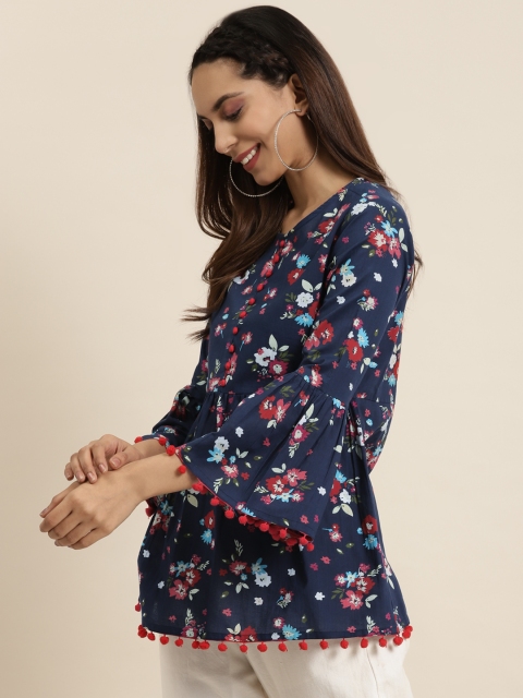 YASH GALLERY Navy Blue & Red Floral Print Pom-Pom Deatil Pure Cotton A-Line Fusion Top - Image 3