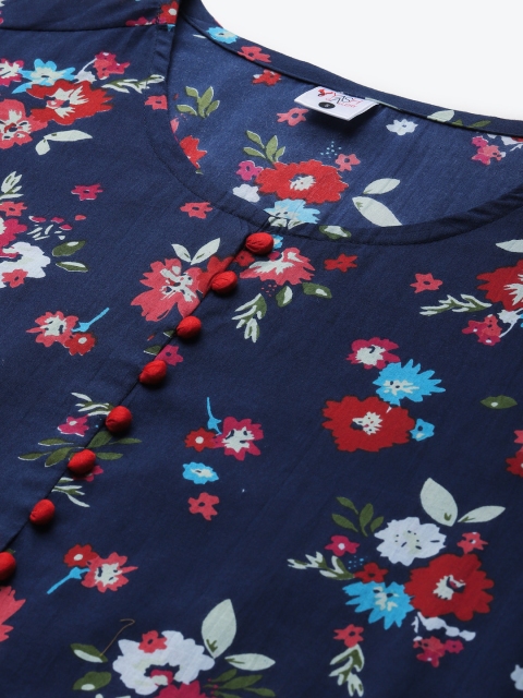 YASH GALLERY Navy Blue & Red Floral Print Pom-Pom Deatil Pure Cotton A-Line Fusion Top - Image 2