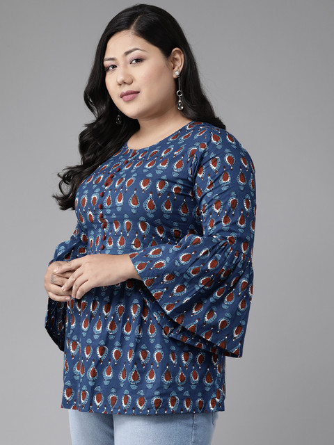 YASH GALLERY Plus Size Navy Blue & Maroon Bell Sleeve A-Line Longline Top - Image 3