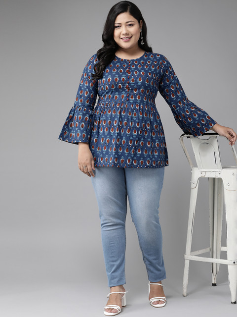 YASH GALLERY Plus Size Navy Blue & Maroon Bell Sleeve A-Line Longline Top - Image 5