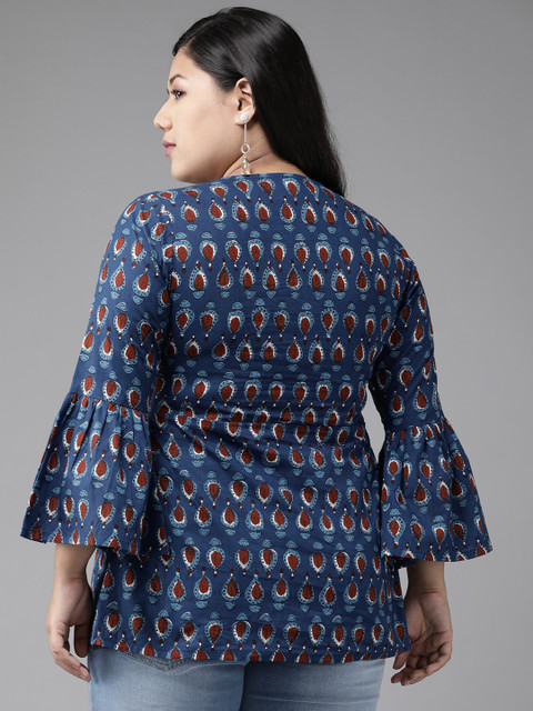 YASH GALLERY Plus Size Navy Blue & Maroon Bell Sleeve A-Line Longline Top - Image 4