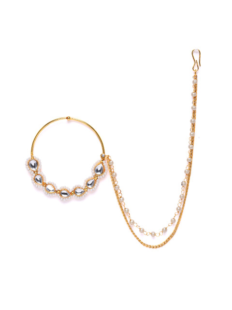 Zaveri Pearls Gold-Plated Kundan & Pearls Chain Linked Nose Ring