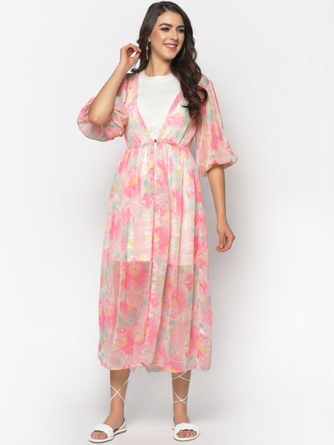 Sera Women Pink & Green Printed Button Shrug