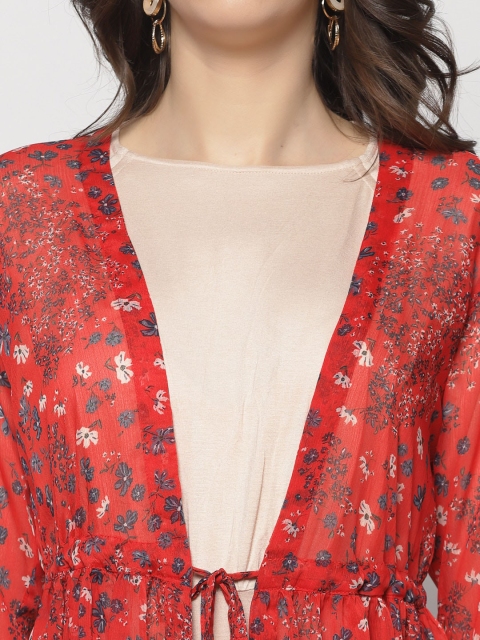 Sera Women Red & Teal Floral Printed Tie-Up Shrug - Image 2