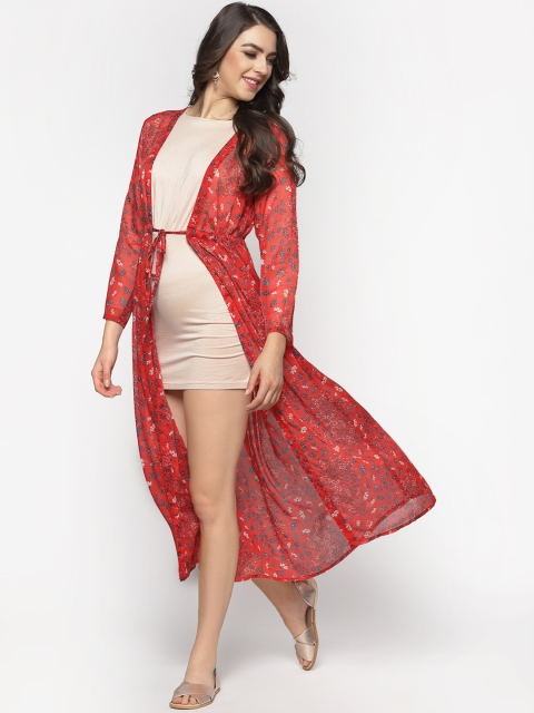 Sera Women Red & Teal Floral Printed Tie-Up Shrug - Image 3
