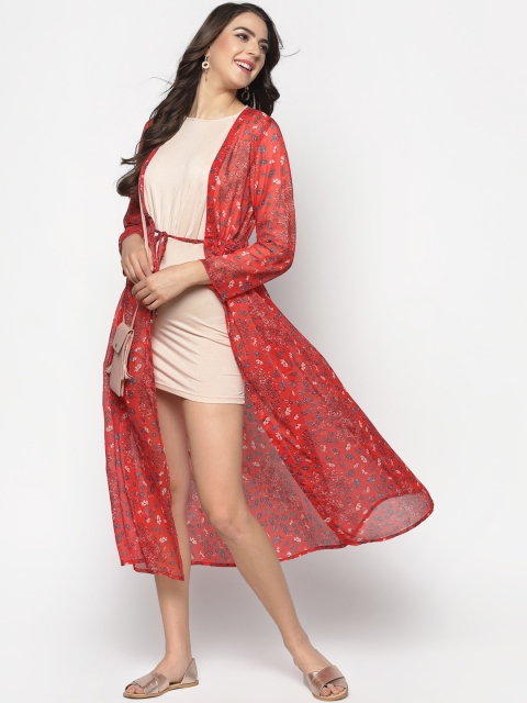 Sera Women Red & Teal Floral Printed Tie-Up Shrug - Image 5