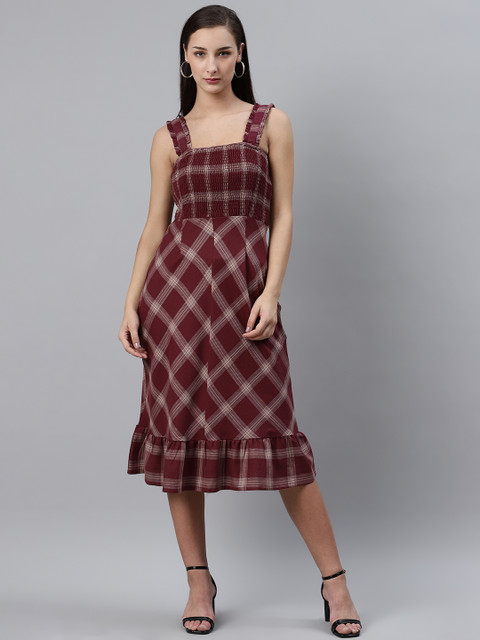 plusS Women Burgundy & White Checked Midi A-Line Dress with Smocked Detail