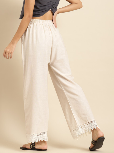 TAG 7 Women Off-White Solid Hem Design Straight Palazzos - Image 3